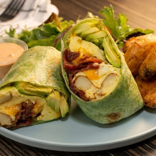 Two breakfast burritos with bacon, egg, cheese, and avocado, served with roasted potatoes and sauce.