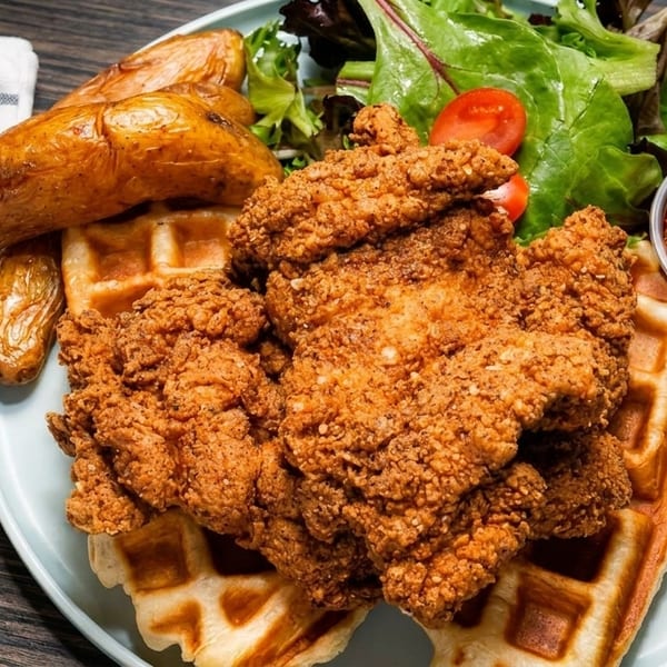 Crispy fried chicken and waffles with roasted potatoes, a side salad, and dipping sauce.