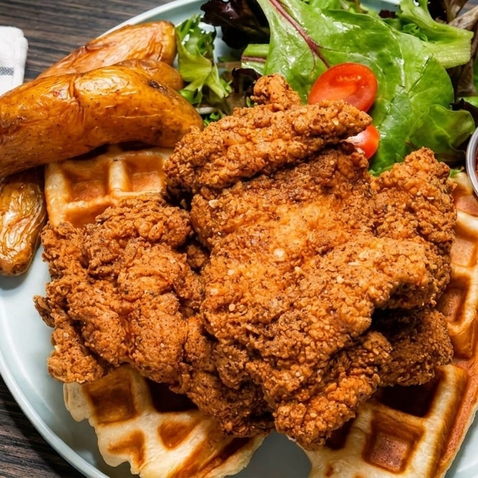 Crispy fried chicken and waffles with roasted potatoes, a side salad, and chili oil.