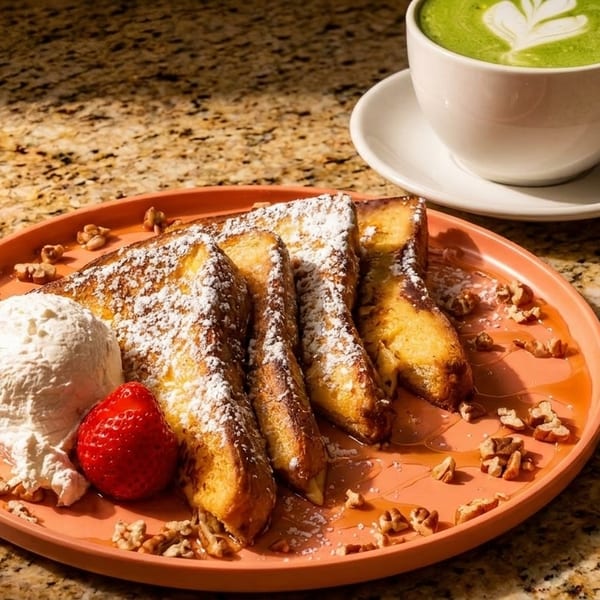 French toast with powdered sugar, whipped cream, strawberry, walnuts, and a matcha latte.