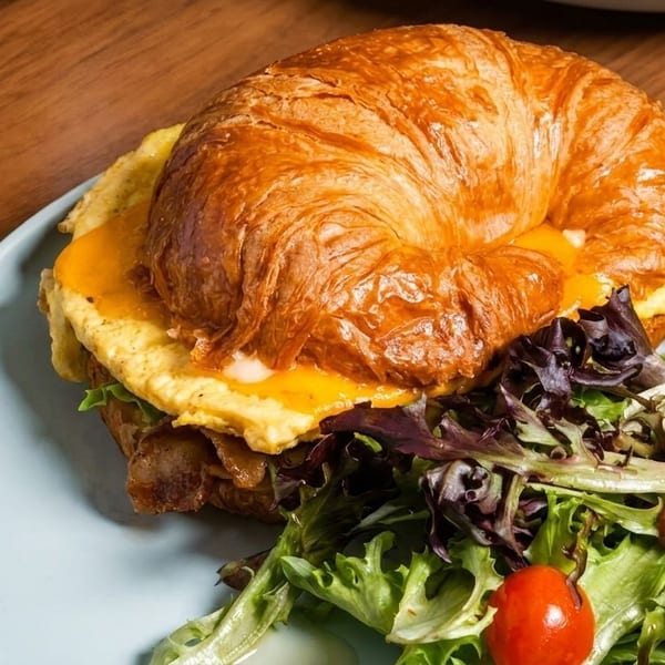 Golden croissant breakfast sandwich with egg, cheese, and bacon, served with a side salad.