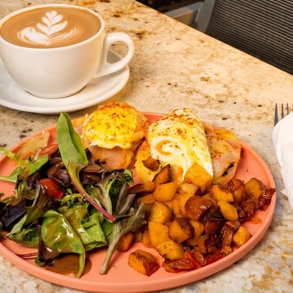 Eggs Benedict with roasted potatoes, a side salad, and a latte on a granite countertop.