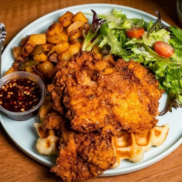 Crispy fried chicken and waffles with a side of roasted potatoes, salad, and chili oil.