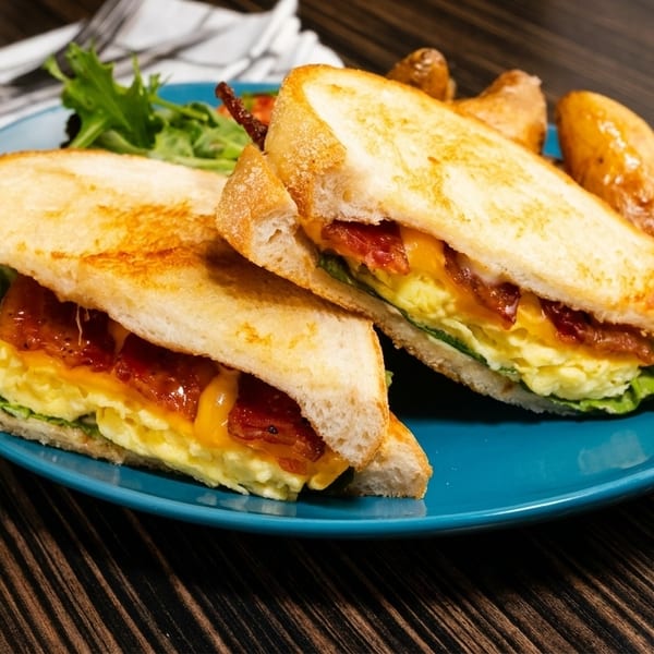 A breakfast sandwich with scrambled eggs, cheese, bacon, and lettuce, served with potatoes and greens.