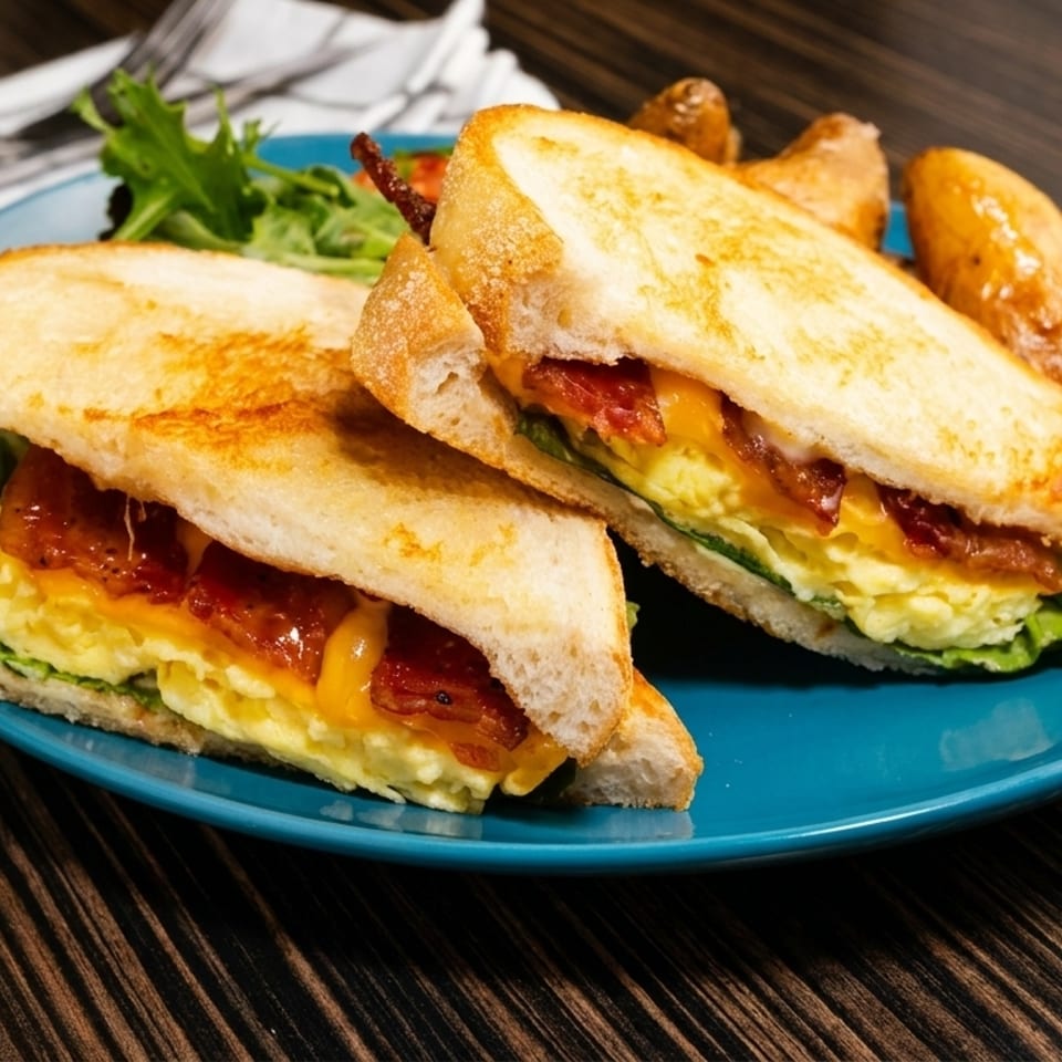 A breakfast sandwich with scrambled eggs, cheese, bacon, and lettuce, served with potatoes and greens.