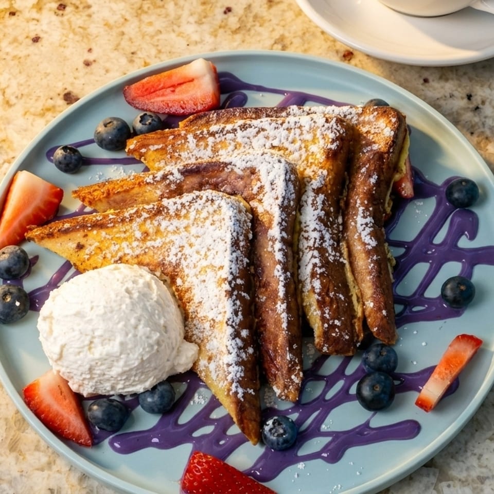 Golden French toast dusted with powdered sugar, served with berries, whipped cream, and purple drizzle.